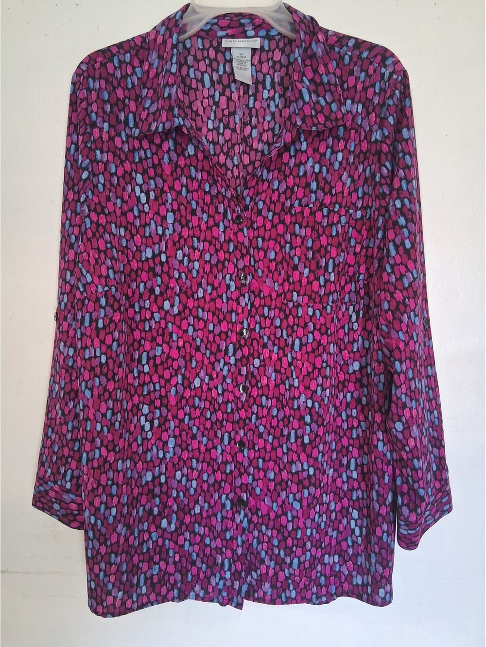 Catherines Women’s 0X Pink Blue Abstract Print Roll Tab Sleeve Button Up Top